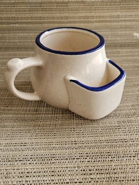 Vintage Cream Ceramic Coffee Mug with Built-In Tea Holder and Blue Trim